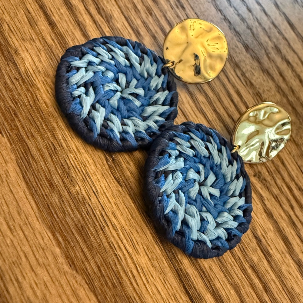 J.Crew Navy and Gold Round Earrings with woven disc - Picture 3 of 4
